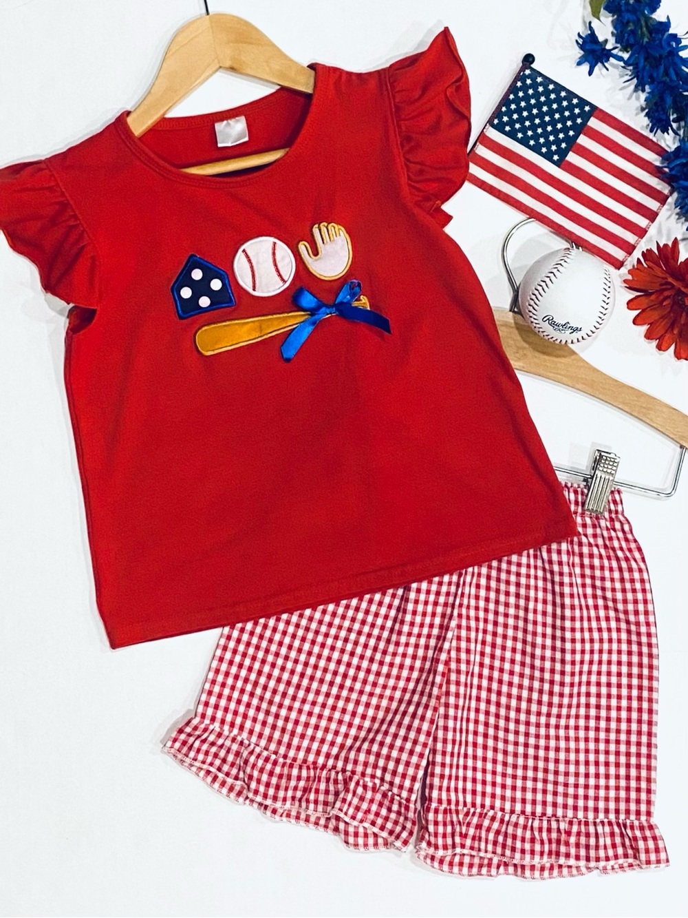 Girls’ Boutique Baseball-Themed Red and White Short Set Size 5/6